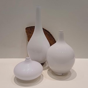 Ikea, Salong, set of three different white handmade glass vases, design Johanna Jelinek, original Ikea sticker on the bottom