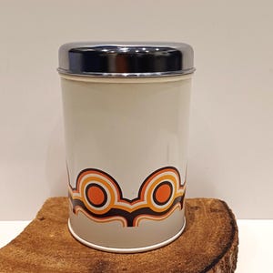 Brabantia-Holland, a very retro vintage storage tin, Bayon decor, 70&#39;s colours, with the well-known chrome Brabantia lid, 70&#39;s
