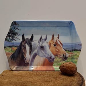 Op de afbeelding: Een rechthoekige serveerschaal met een schilderij van drie paarden. De paarden zijn afgebeeld in donkerbruin, wit en bruin. De achtergrond toont een veld met rode bloemen en een blauwe lucht.
