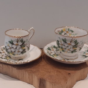 Royal Albert, &#39;White Dogwood&#39;, image of blooming white dogwood flowers, ladies&#39; and gentlemen&#39;s cup and saucer, 1970