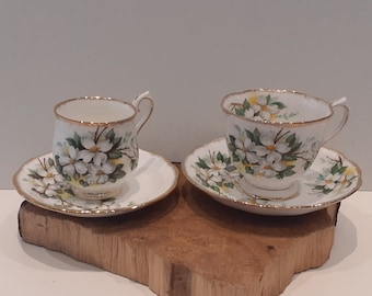 Royal Albert, &#39;White Dogwood&#39;, image of blooming white dogwood flowers, ladies&#39; and gentlemen&#39;s cup and saucer, 1970