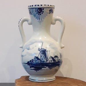Delft Blue jug, hand-painted, with two handles and a typical Dutch depiction of a windmill, 1950s