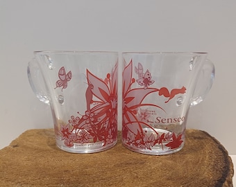 Douwe Egberts, single glass or set of two beautiful glass coffee mugs, images of pink-red flowers and animals, design Studio Tord Boontje