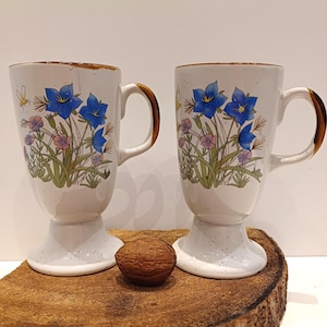 May include: Two white ceramic mugs with brown handles and a floral design. The mugs have a pedestal base and feature blue and pink flowers with green leaves.
