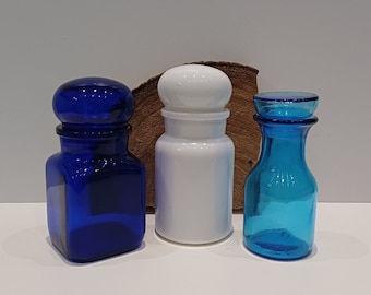 tarros de cristal belgas de boticario; maceta cuadrada azul cobalto, maceta redonda blanca mate, maceta individual o juego de dos macetas redondas azul agua, años 70