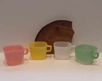 Opale - France, set of four pastel colored milk glass soup bowls, cappuccino cups, with a sturdy handle,