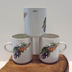Villeroy & Boch - Luxembourg for Royco, set of two or three (coffee) mugs, 70&#39;s, two sides with image of carrot and cherries, gardening