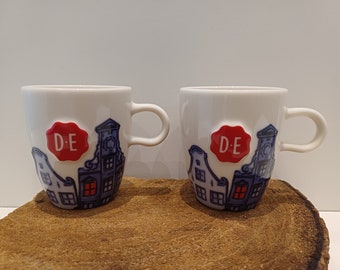 Douwe Egberts - Holland, one small mug or set of two mugs, image of canal houses, red Douwe Egberts seal