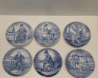 Single plate or complete! set of six Delft Blue mini plates by Boch for Royal Sphinx, image gentlemen with alcoholic drinks, 60's