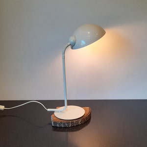 Vrieland design - Holland, white metal table lamp, desk lamp with flexible gooseneck, large shade, white cord and flip switch, 1970s