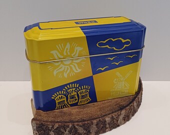 Wasa - Sweden, blue with yellow storage tin for Wasa crackers, images of grain and the sun, made in the years 1985 - 1999