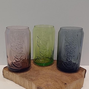 Coca-Cola, one glass, or set of two, three or four beautiful clear glasses, resembling a Coca Cola can, with the brand name embossed