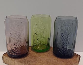 Coca-Cola, one glass, or set of two, three or four beautiful clear glasses, resembling a Coca Cola can, with the brand name embossed