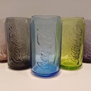 Coca-Cola (lightly used!!) one glass, set of two, three or four beautiful clear glasses, resembling a Coca Cola can, with the brand name