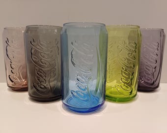 Coca-Cola (lightly used!!) one glass, set of two, three or four beautiful clear glasses, resembling a Coca Cola can, with the brand name