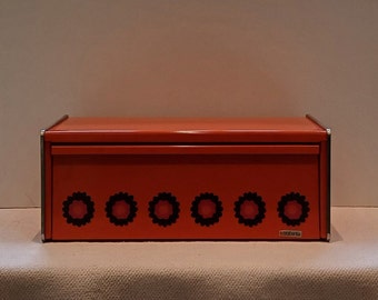 GERSERVEERD Brabantia - Nederland, decor Patrice, vintage oranje metalen broodtrommel, met klapdeksel, 70's