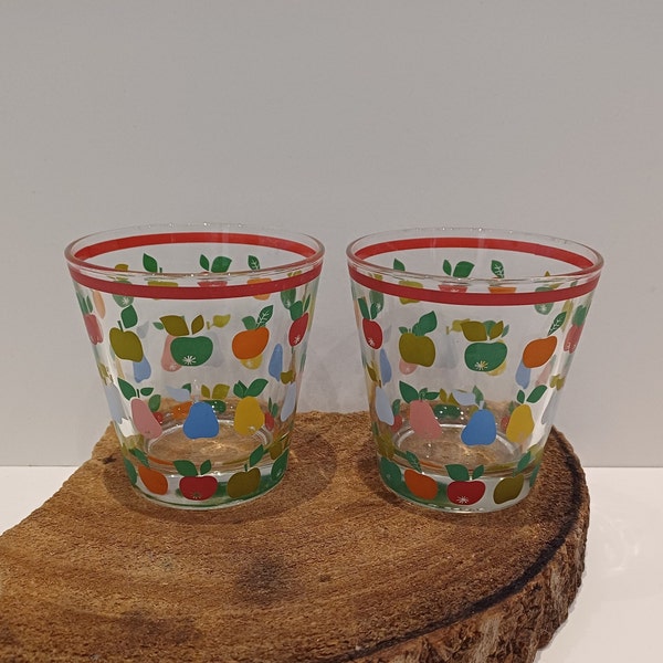 Cerve - Italy, set of two retro lemonade glasses, water glasses, juice glasses, with images of brightly colored apples and pears, 1970s