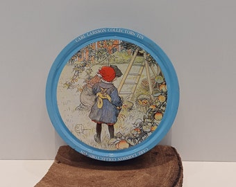 Carl Larsson, used! collector's storage tin, tin, image of a mother and child collecting apples, loose lid, 1980s