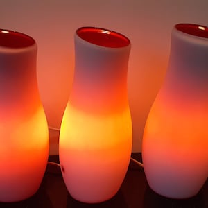 Ikea, Mylonit handmade glass table lamps called, matt white outside, glossy red inside, flip switch, are no longer made, 1990&#39;s