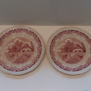 Société Céramique Maestricht - Holanda, juego de dos platos de desayuno vintage, decoración roja &#39;Boerenhoeve, Dutch Farm&#39;, años 40