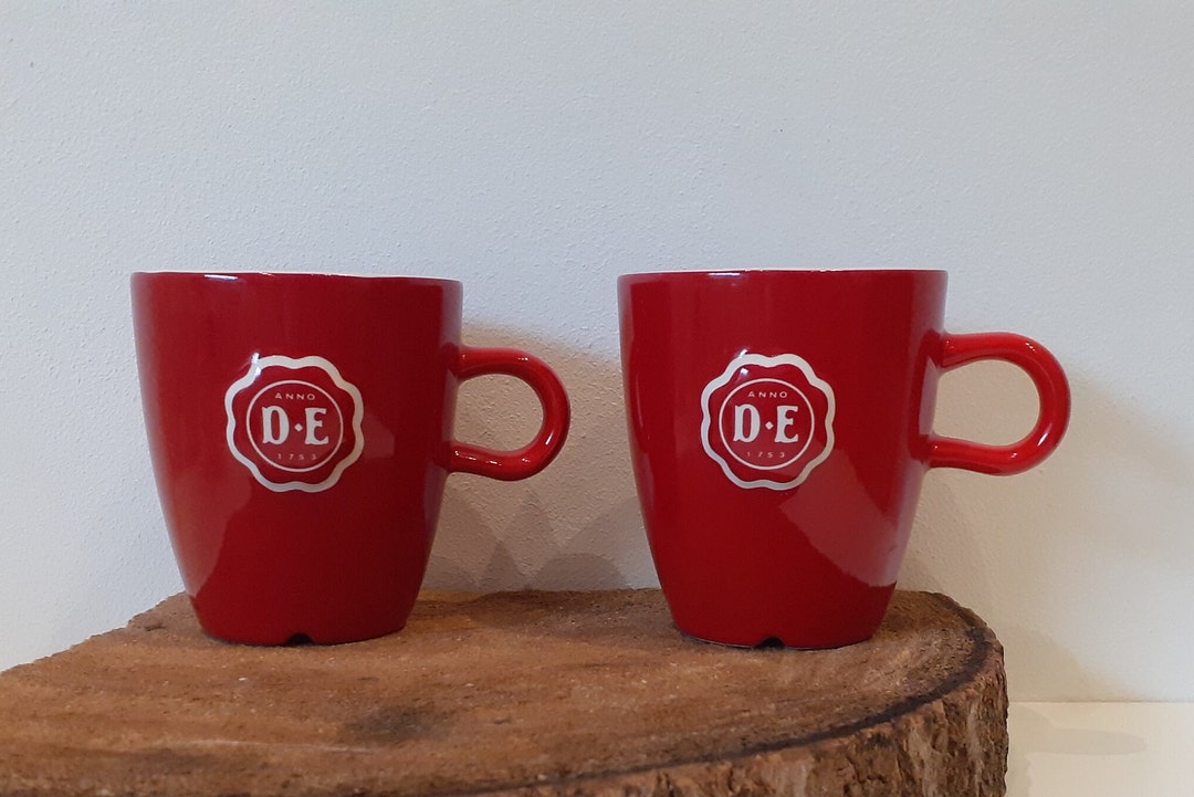 Douwe Egberts Holland, One Mug or Set of Two Bright Red Coffee Mugs, Embossed With the Clear Red
