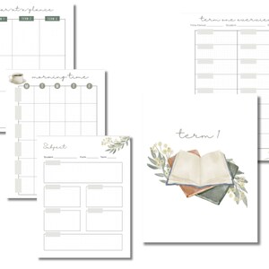 May include: Printable planner pages with a watercolor book, coffee cup, and floral illustrations. The pages include sections for "year at a glance", "term one overview", "morning time", and "subject".
