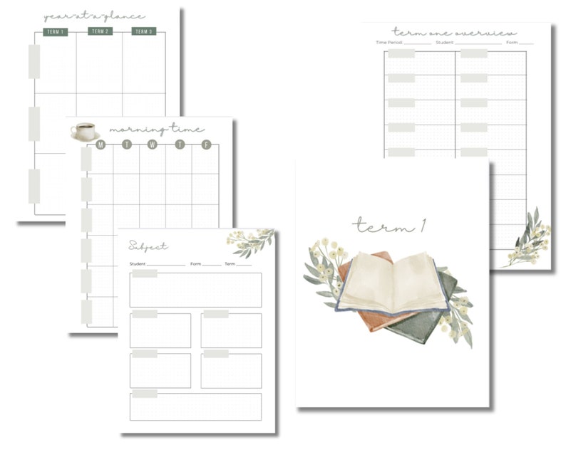 May include: Printable planner pages with a watercolor book, coffee cup, and floral illustrations. The pages include sections for "year at a glance", "term one overview", "morning time", and "subject".