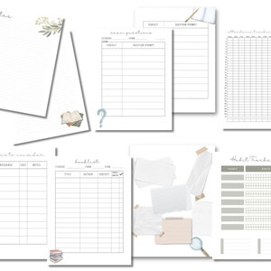 May include: Printable planner pages with a variety of layouts, including a booklist, habit tracker, resource tracker, exam practice, notes, and attendance tracker. The pages are designed with a minimalist aesthetic and feature a light gray background with black text.