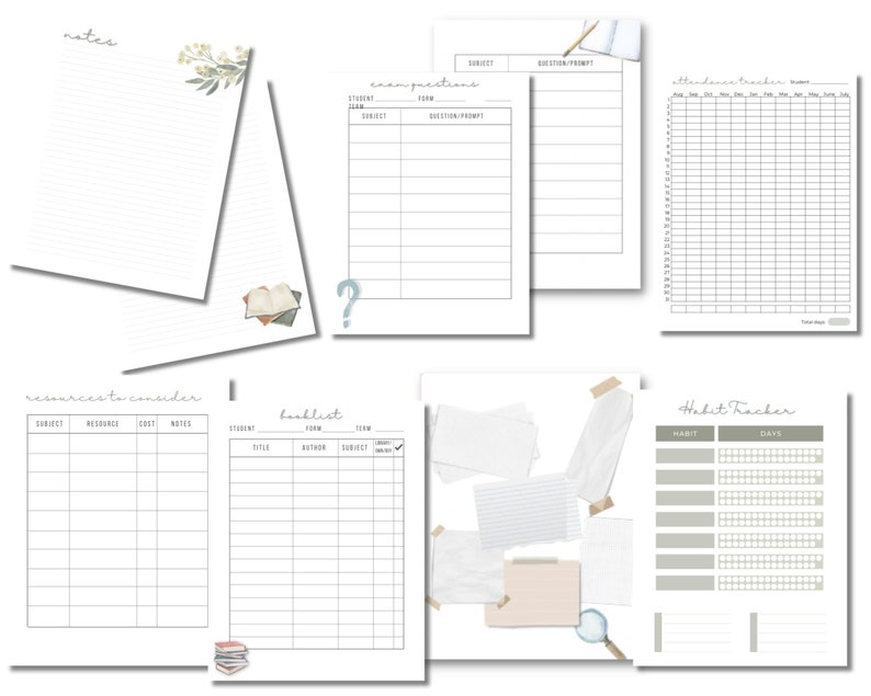 May include: Printable planner pages with a variety of layouts, including a booklist, habit tracker, resource tracker, exam practice, notes, and attendance tracker. The pages are designed with a minimalist aesthetic and feature a light gray background with black text.