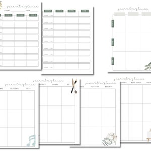 May include: A set of printable year-at-a-glance planner pages with a minimalist design featuring floral and musical illustrations. The pages are designed for tracking subjects, teams, hymns, folk songs, crafts, drawing, art, recitation, movement, music appreciation, and poetry.
