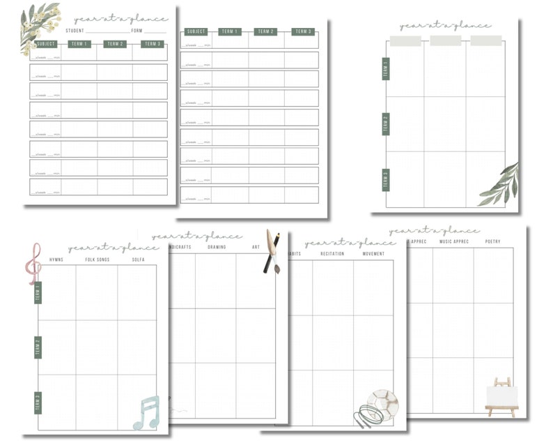 May include: A set of printable year-at-a-glance planner pages with a minimalist design featuring floral and musical illustrations. The pages are designed for tracking subjects, teams, hymns, folk songs, crafts, drawing, art, recitation, movement, music appreciation, and poetry.