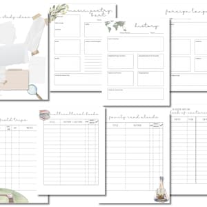 May include: A printable planner page with a watercolor background and a list of topics for a homeschool curriculum. The topics include special study ideas, music, poetry, and art, foreign language, history, field trips, multicultural books, and family read alouds.