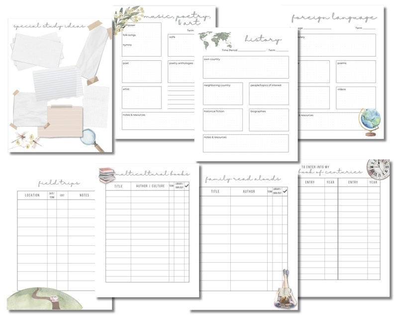 May include: A printable planner page with a watercolor background and a list of topics for a homeschool curriculum. The topics include special study ideas, music, poetry, and art, foreign language, history, field trips, multicultural books, and family read alouds.