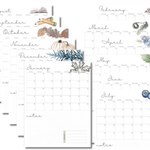 May include: A set of 12 printable monthly calendar pages with watercolor illustrations. Each month features a different design, including books, pencils, leaves, pumpkins, pine branches, snowflakes, ferns, flowers, watermelon, and blueberries. The calendar pages are designed for personal use and include space for notes.