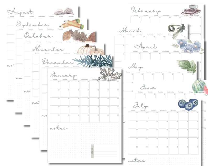 May include: A set of 12 printable monthly calendar pages with watercolor illustrations. Each month features a different design, including books, pencils, leaves, pumpkins, pine branches, snowflakes, ferns, flowers, watermelon, and blueberries. The calendar pages are designed for personal use and include space for notes.