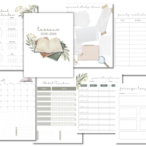 May include: Printable planner pages with a school theme. The pages include a calendar, habit tracker, lesson planner, family read aloud log, foreign language log, and a page for special study ideas.
