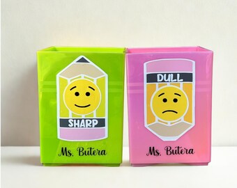 Personalized Sharp & Dull Pencil Holder Set - Red Green Classroom Pencil Holders - Teacher Desk Organizer - Custom Teacher Name - Teacher