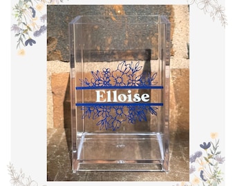 Personalized Acrylic Pen Holder, Wildflower Split Monogram Desk Organizer