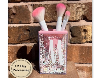 Pink Makeup Brush Holder - Pastel Confetti Makeup Brush Cup - Monogram Brush Holder - Cute Teen Gift - Vanity Organization - Pink Holder