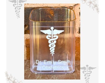Personalized Doctor Pen Holder, Doctor's Office, Rod of Asclepius, Medical Office Receptionist Desk