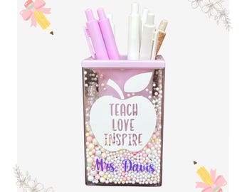 Personalized Teacher Pen Holder, Gift for Teacher, Teacher Appreciation, Teach Love Inspire Design