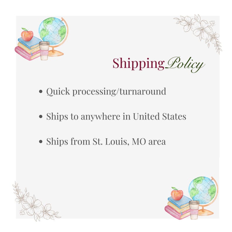 K&ouml;nnte beinhalten: Eine digitale Grafik mit dem Text Shipping Policy und Aufz&auml;hlungspunkten zu Bearbeitung und Versandorten. Das Design enth&auml;lt Aquarellillustrationen eines roten Apfels, eines B&uuml;cherstapels, eines Globus und eines Kaffeebechers.