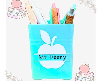 Personalized Teacher Pencil Holder, Apple Desk Organizer, Teacher Appreciation Gift