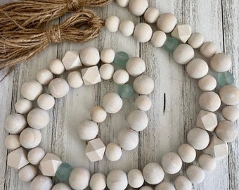 Sea Glass Garland: 73" Coastal Wood Bead Mantle Decor