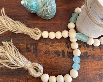 Sea Glass Garland: Wood Bead Coastal Boho Decor