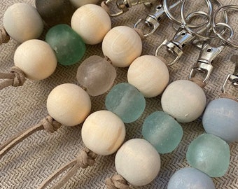 Boho Beach Keychain: Recycled Glass & Wood Bead Charm