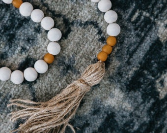 Wood Bead Garland: Recycled Glass, Jute Tassels, Boho Decor