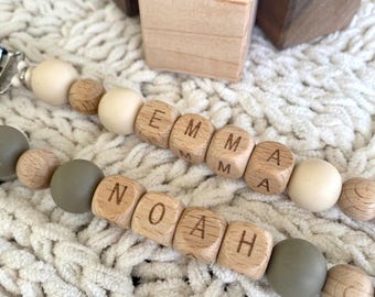 Personalized Pacifier Clip BPA free beads Newborn gift Custom Baby Name Neutral Newborn gift Baby Shower Boho baby wood dummy chain
