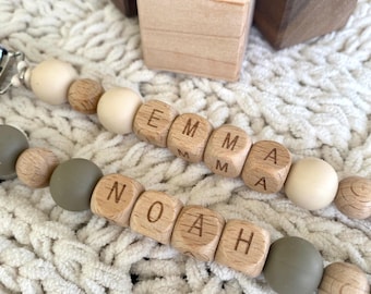 Personalized Pacifier Clip BPA free beads Newborn gift Custom Name NeutraL Baby Shower Binky Holder Boho baby wood dummy chain