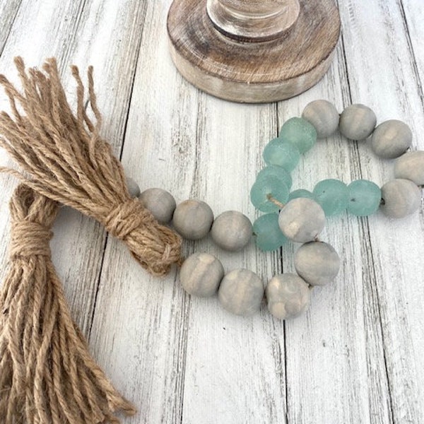 Sea Glass Garland: Rustic Wood Bead Coastal Decor, 32"